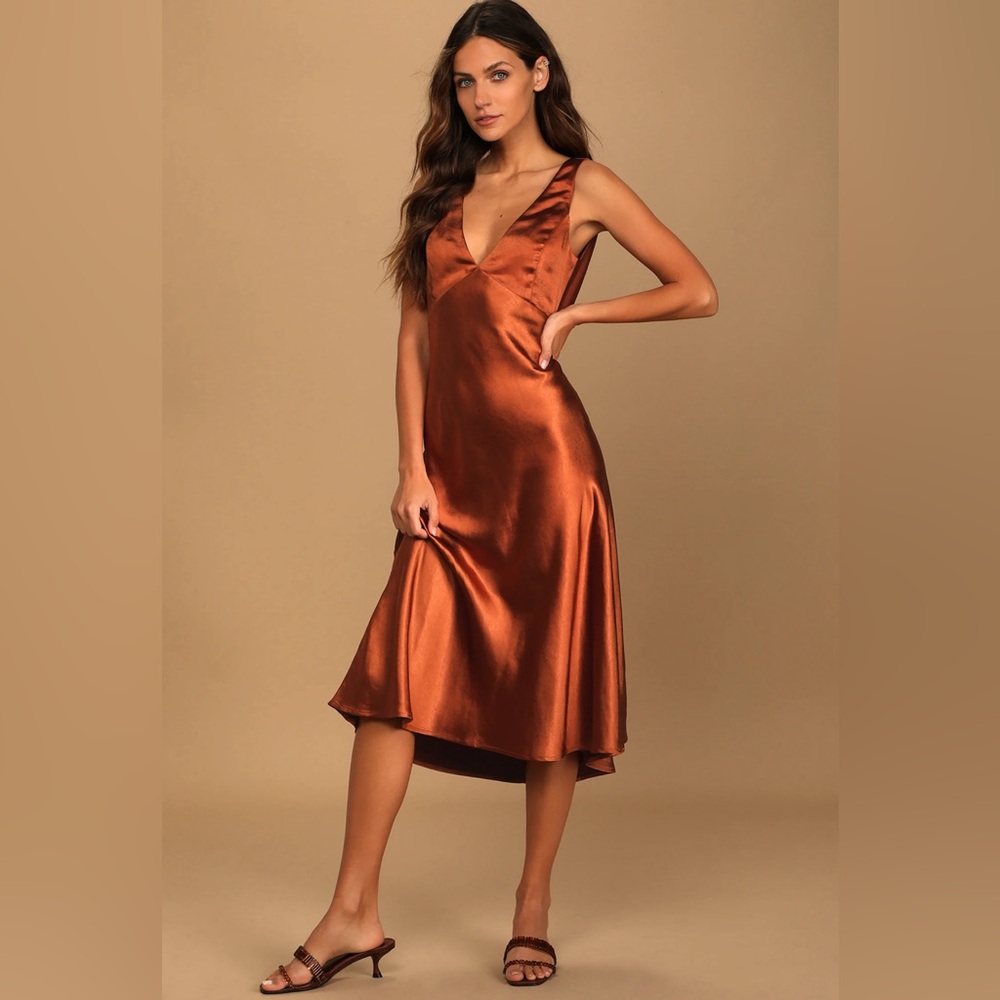 Brown/Rust Satin Cowl Back Midi Slip Dress